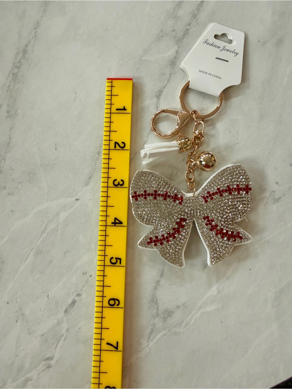 ⚾️ ✨ NWT Rhinestone Bling Baseball Bow Puffy Keychain Bag Charm Tassel ✨ ⚾️ - Picture 4 of 6